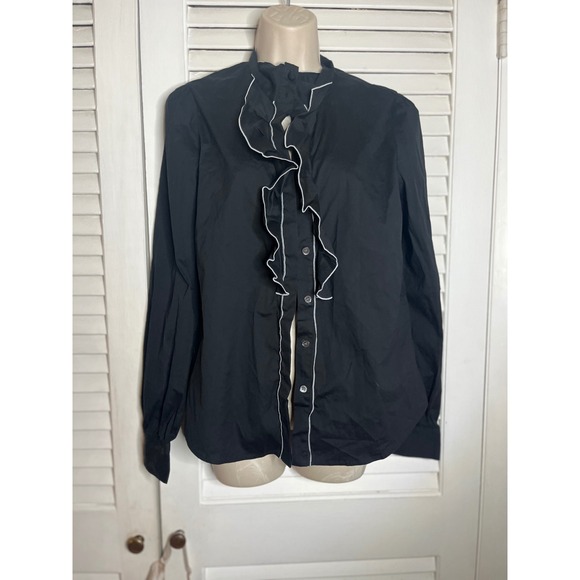 Theory Black Ruffle Front Long Sleeve Button Up Blouse Top L - Picture 1 of 4